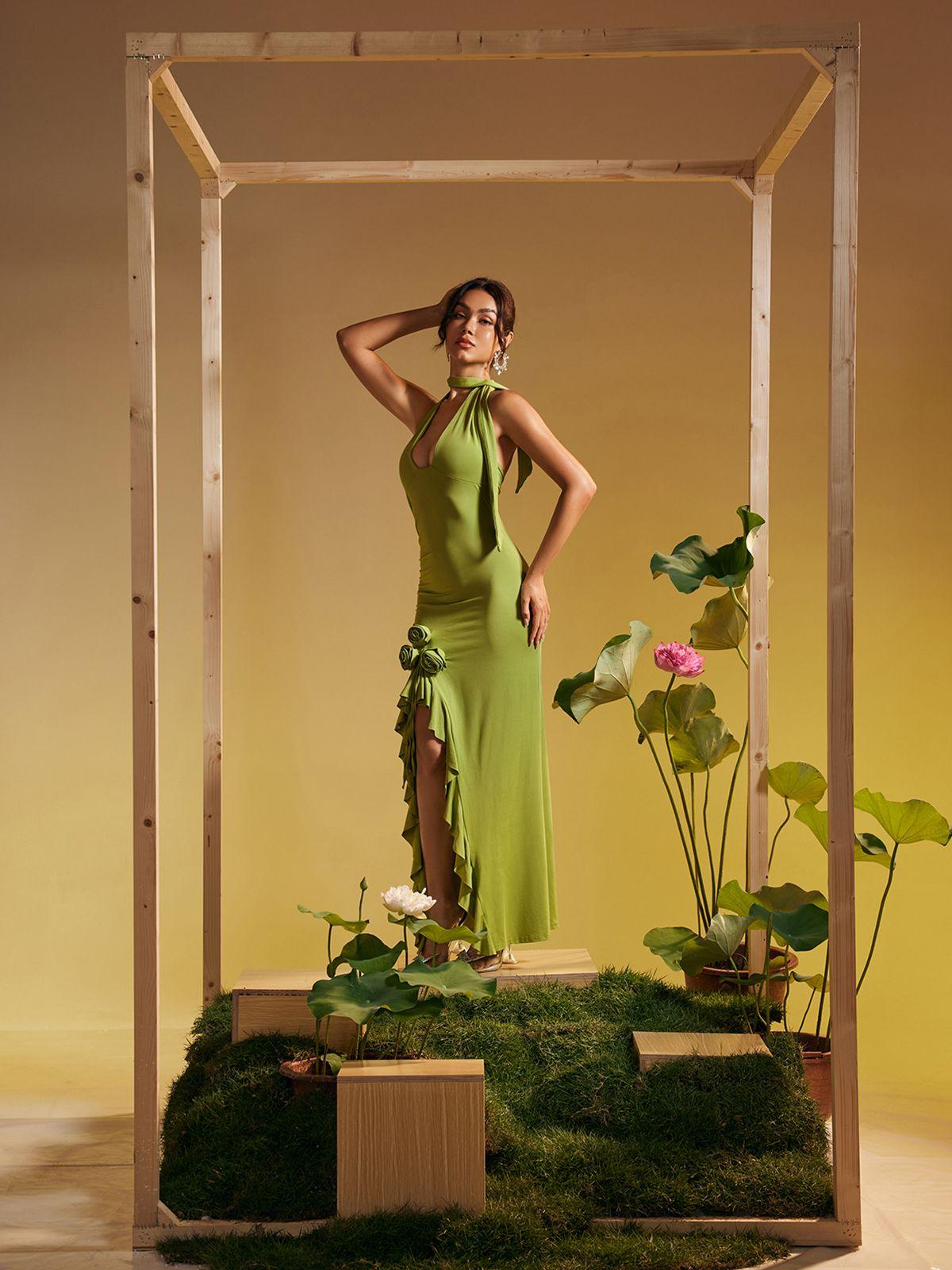 Alara Halterneck Flower Ruffle Maxi Dress in green, perfect for summer vacations and stylish gatherings.