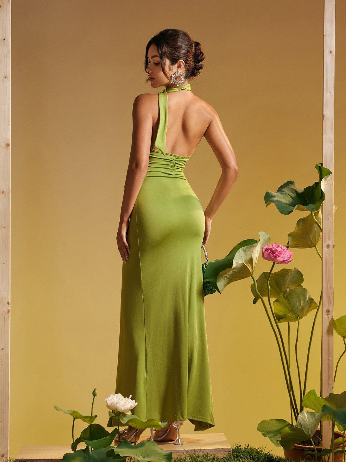 Alara Halterneck Flower Ruffle Maxi Dress in green, perfect for summer vacations and stylish gatherings.