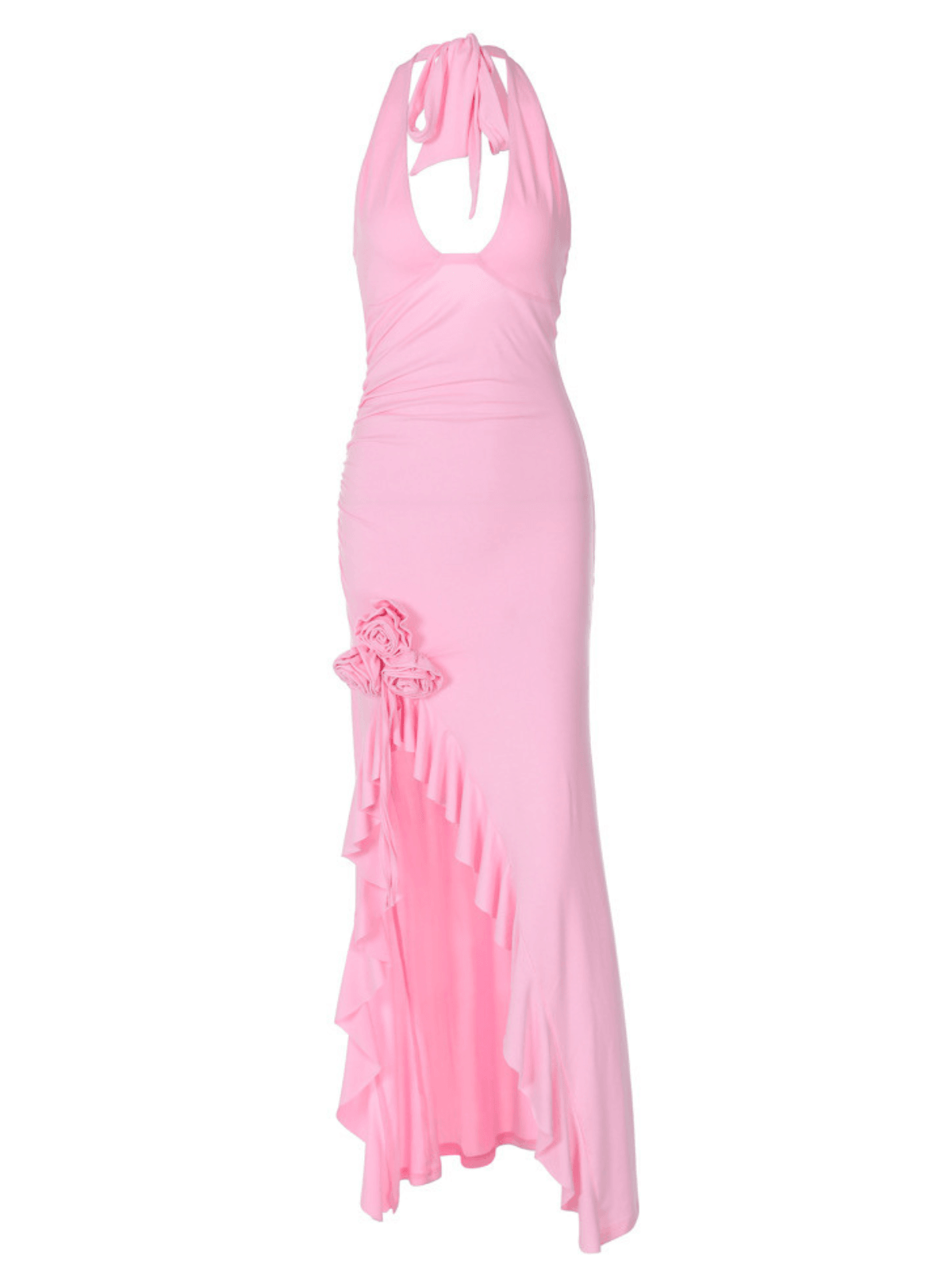 Alara halterneck flower ruffle maxi dress in pink, showcasing a flowing silhouette and playful ruffle details.