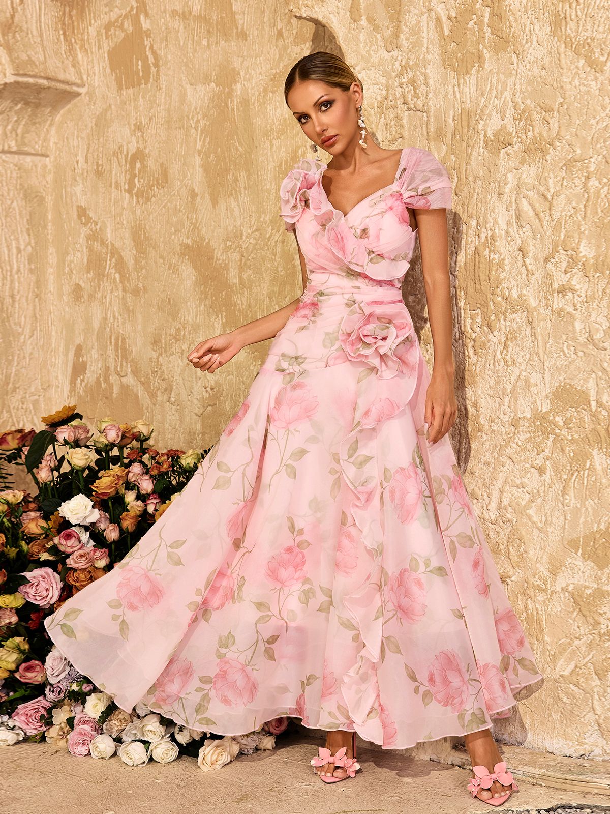 Alayja Flower Printed Mesh Maxi Dress