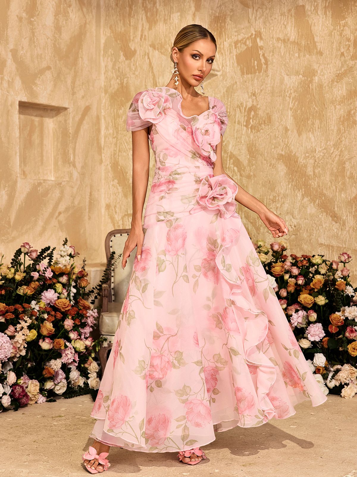 Alayja Flower Printed Mesh Maxi Dress