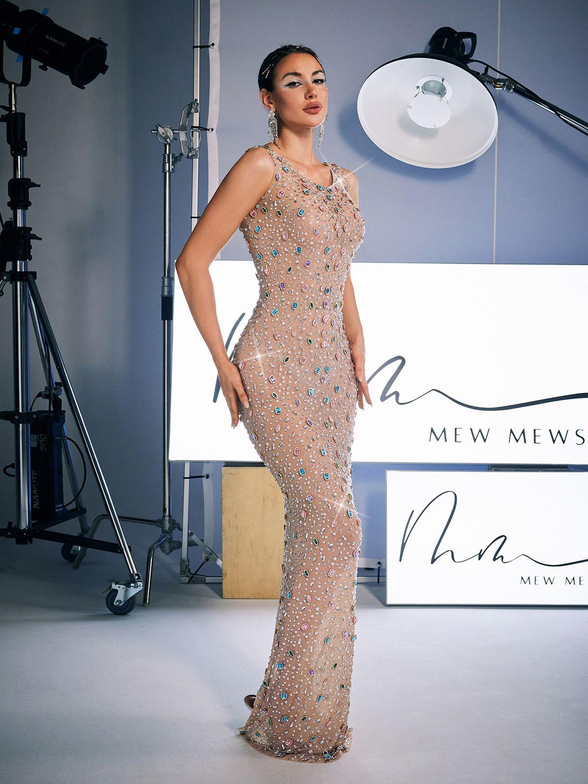Alfredo Scoop Neck Maxi Dress adorned with rhinestones, showcasing elegance and style for special occasions.