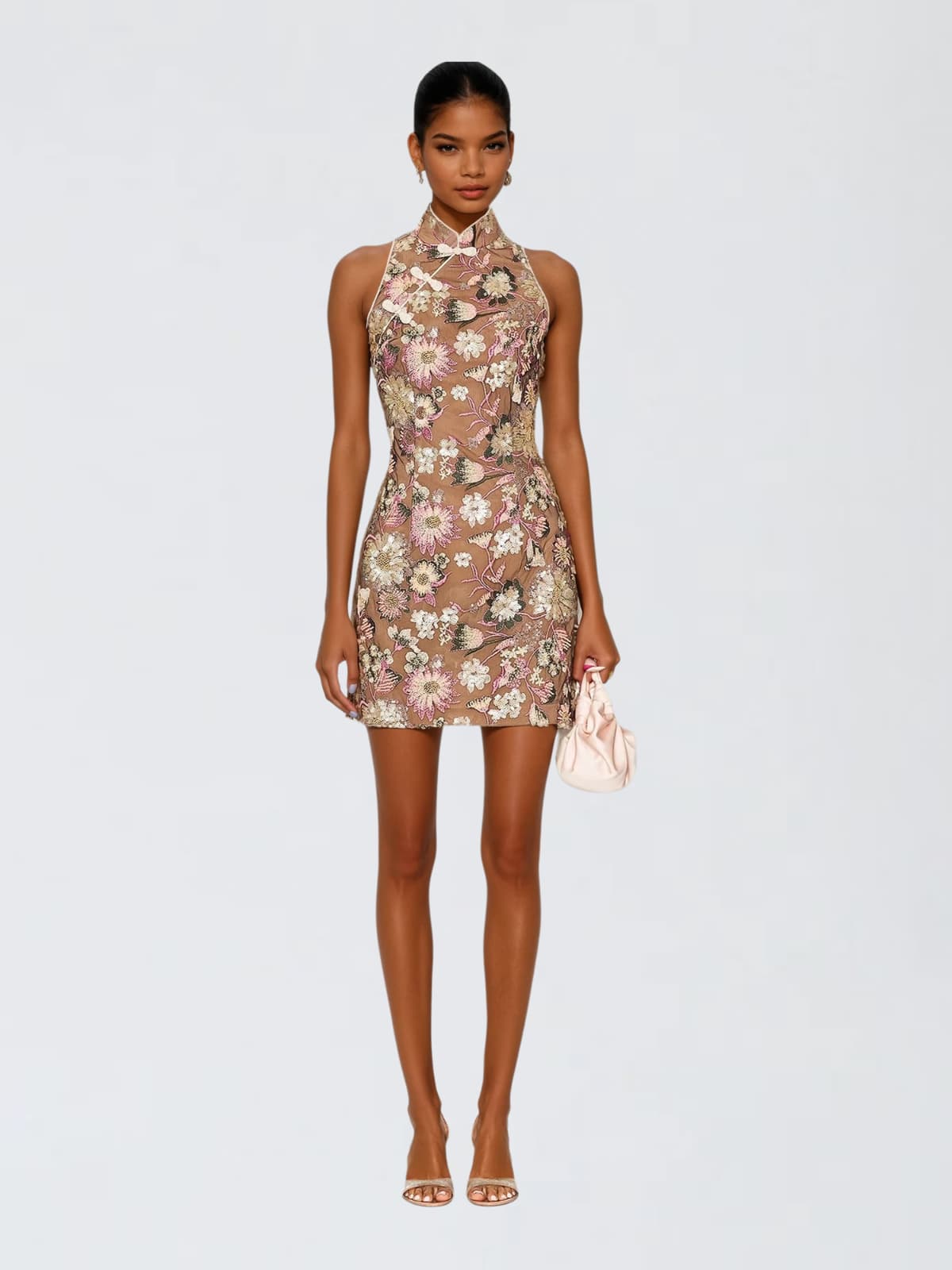 Algory Stand Collar Embroidered Floral Mini Dress