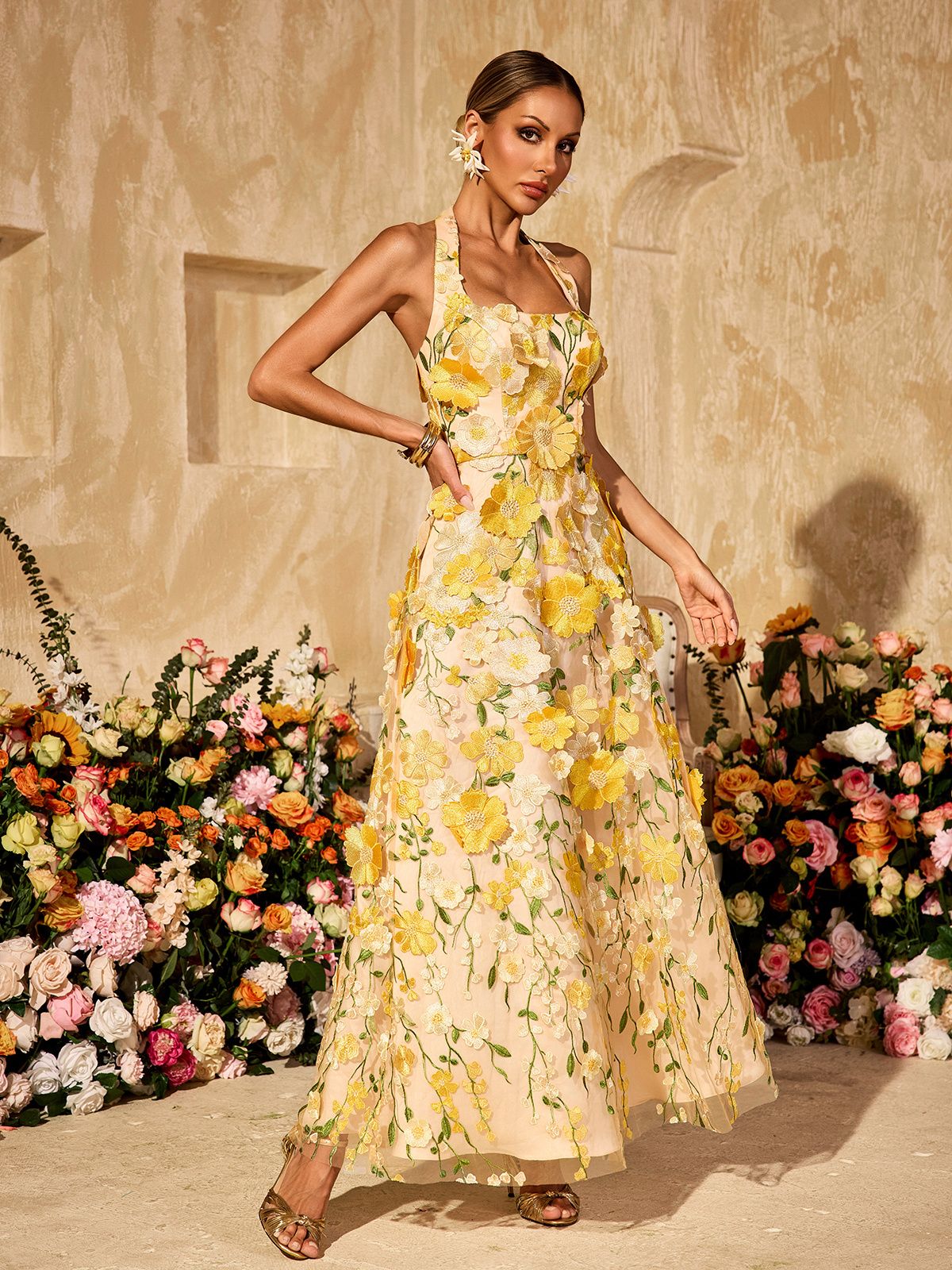 Alirio Halterneck Embroidered Flower Maxi Dress