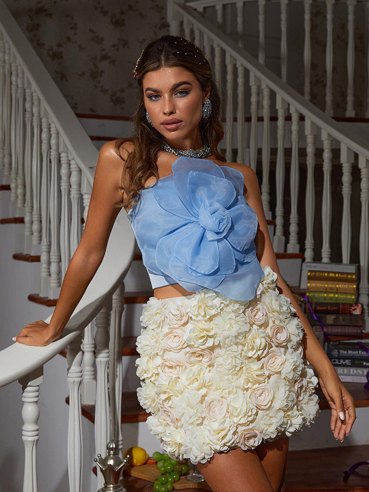 Close-up view of the floral mesh detailing on the Alistair Strapless Top in Blue, highlighting its elegant design.