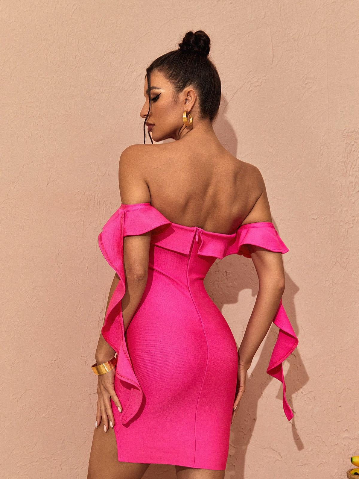 Alivia off shoulder ruffle bandage dress in hot pink, showcasing a stylish mini design with a split for added flair.