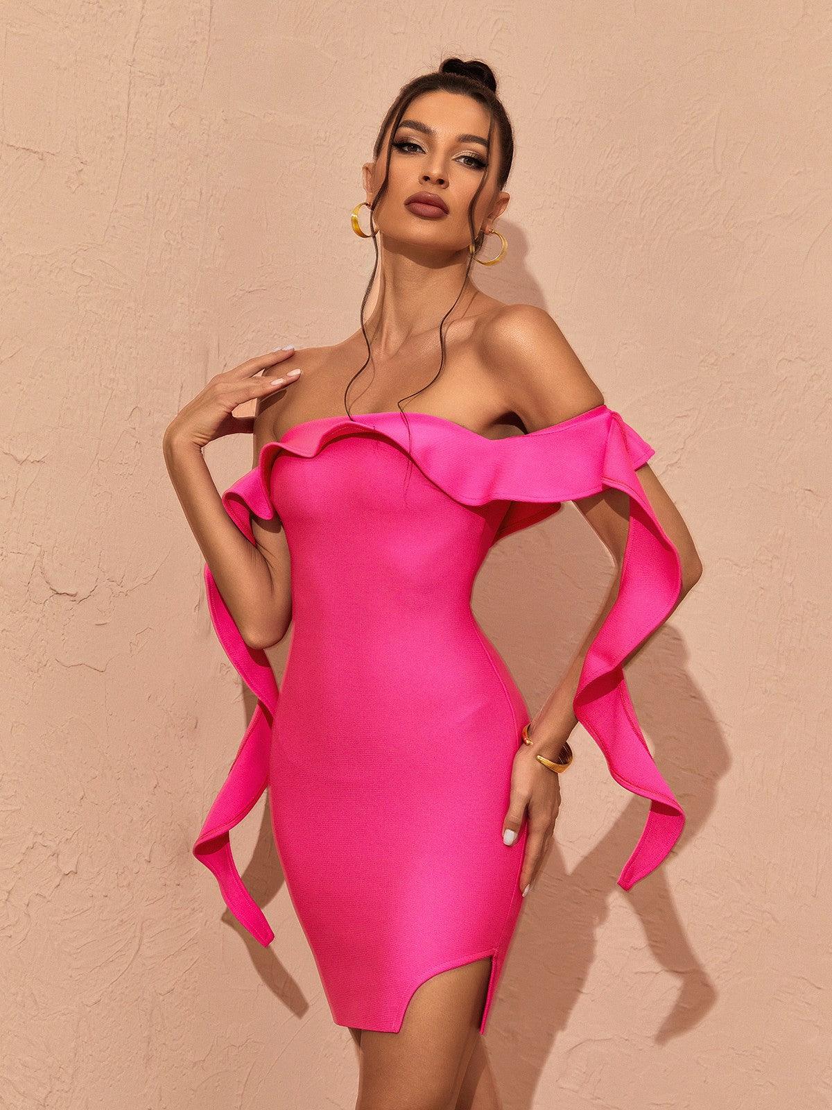 Alivia off shoulder ruffle bandage dress in hot pink, showcasing a stylish mini design with a split for added flair.