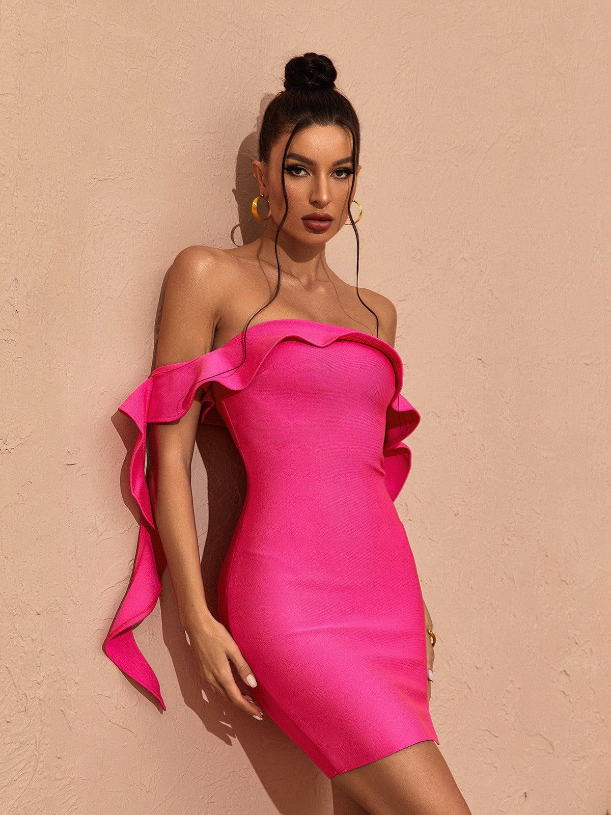 Alivia off shoulder ruffle bandage dress in hot pink, showcasing a stylish mini design with a split for added flair.