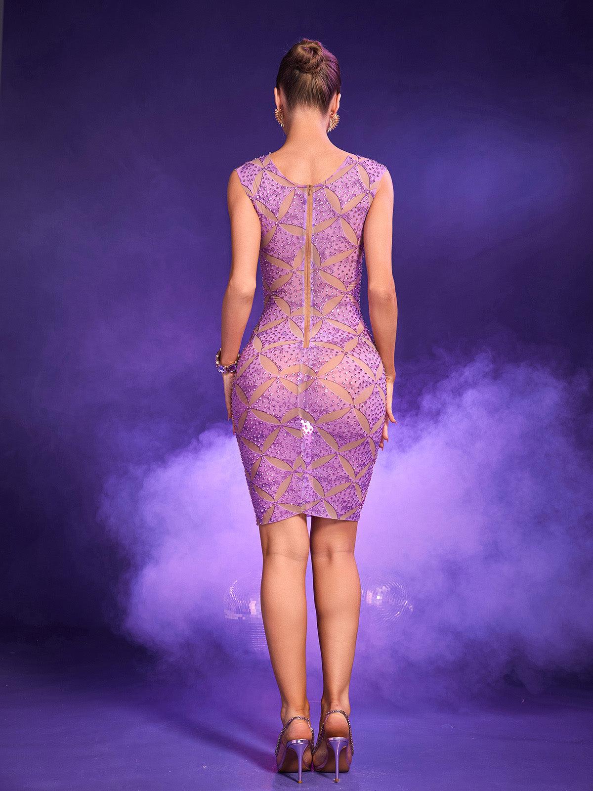 Alizeh Sleeveless Square Rhinestone Mesh Dress in vibrant purple, featuring a chic design and eye-catching rhinestones.