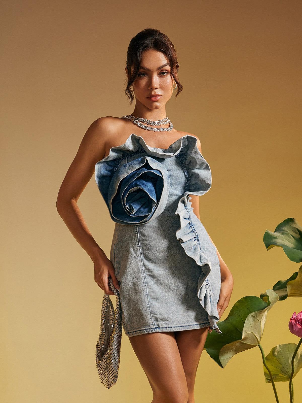 Allegra Strapless Flower Denim Mini Dress in blue, perfect for casual elegance and summer parties.