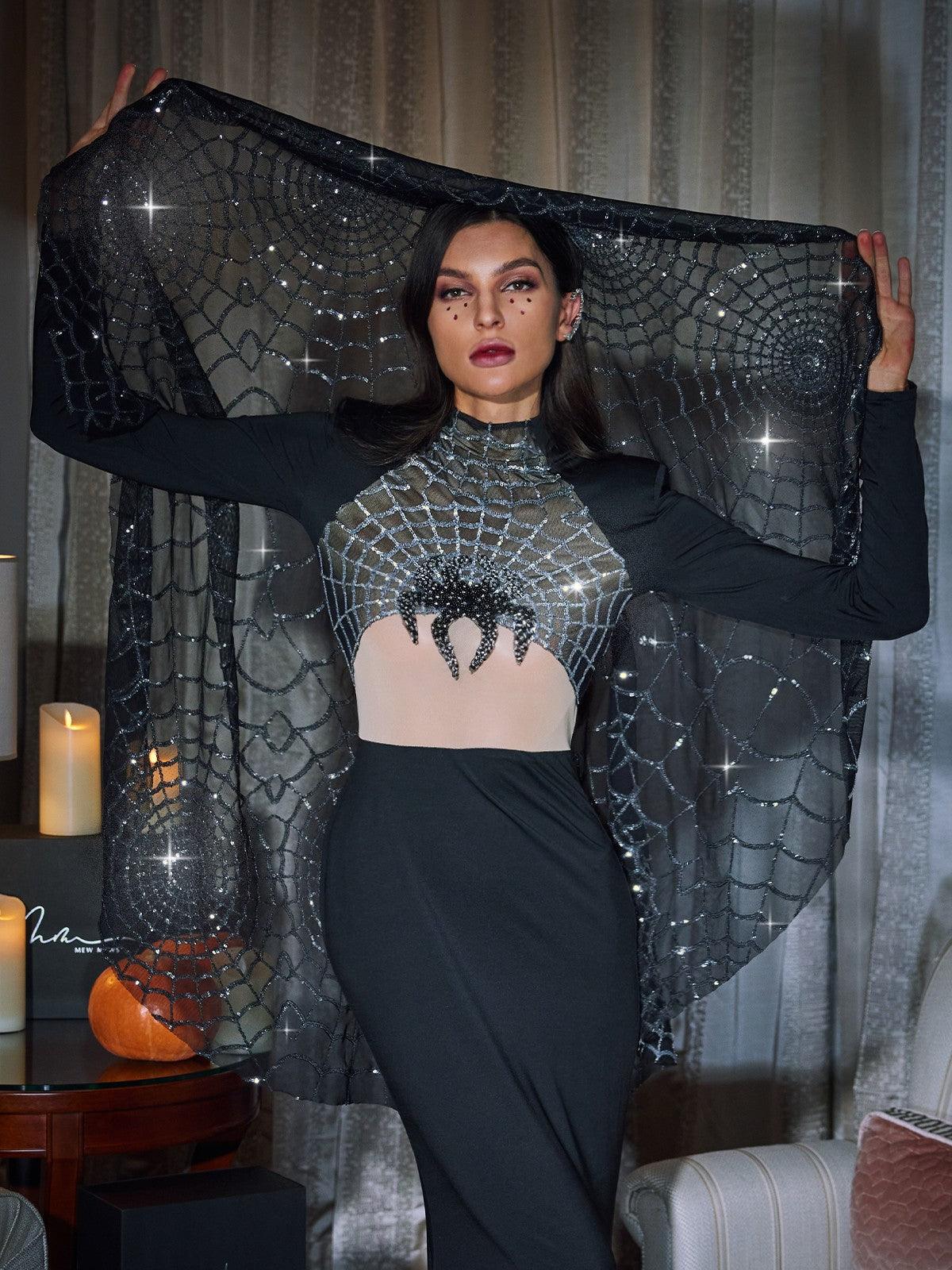 Stunning close-up of the Calyx Cobweb Sequin Veil in Black showcasing the exquisite sequin pattern.