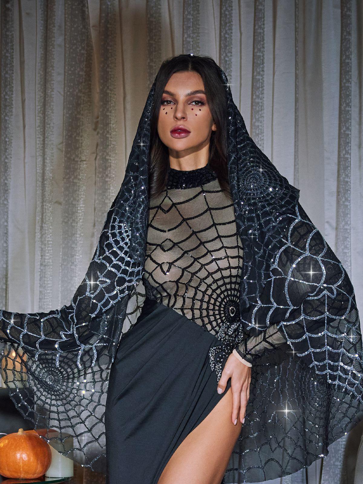 Calyx Cobweb Sequin Veil in Black, adorned with shimmering sequins for a stunning look.