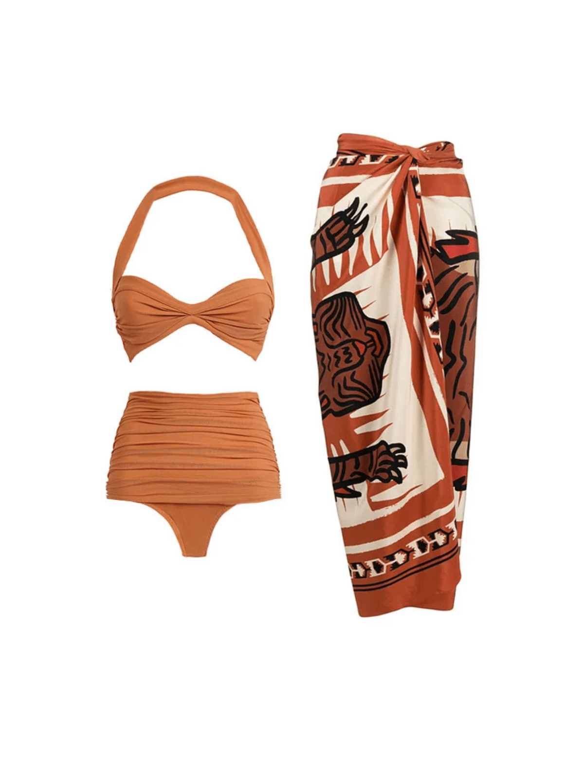 Almond Halterneck Bikini Three Piece Set showcasing a stylish and flattering design for summer beachwear.