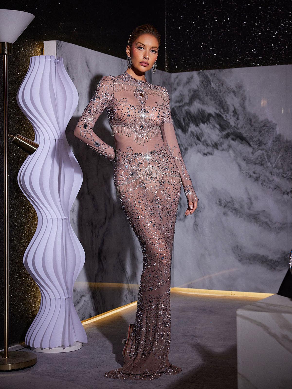 Alonzo Rhinestone Fringe Mesh Maxi Dress showcasing glamorous fringe details and rhinestone embellishments for elegant occasions.