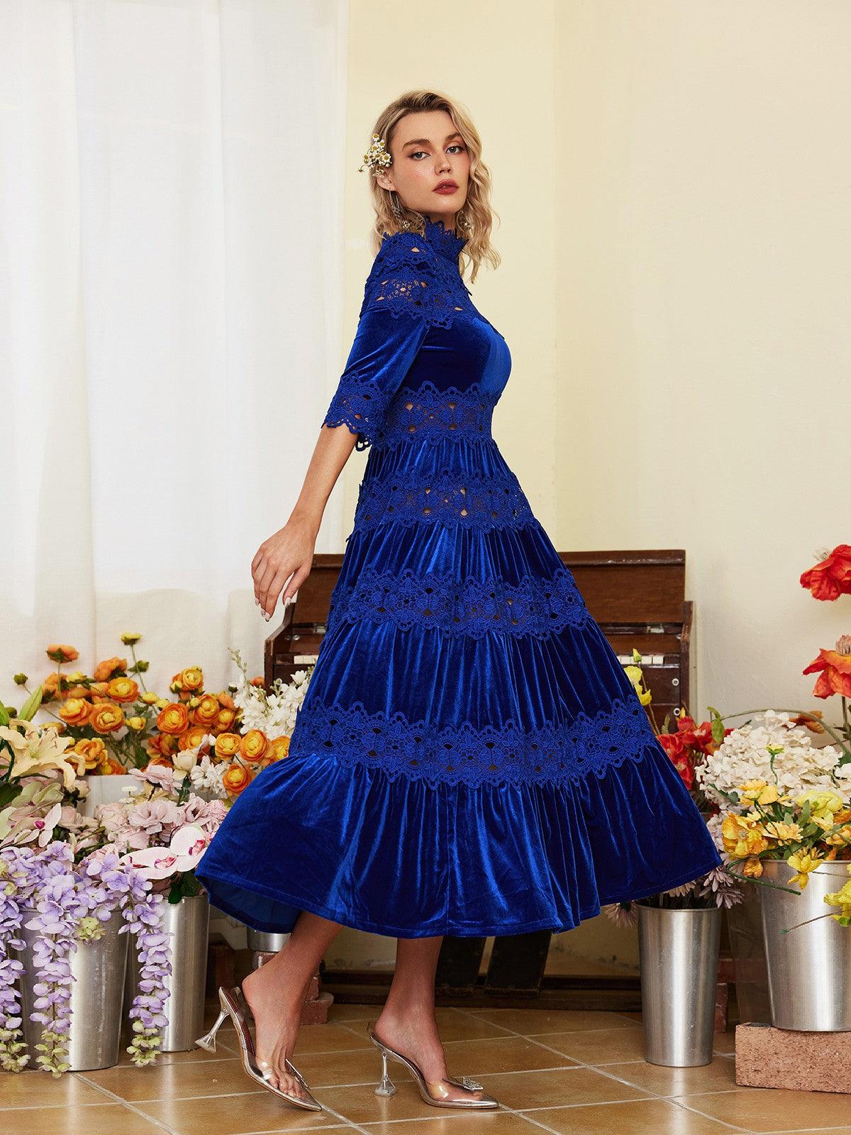 Elegant Altair Hollow Velvet Dress in blue, featuring a cutout design and luxurious velvet fabric, perfect for evening wear.