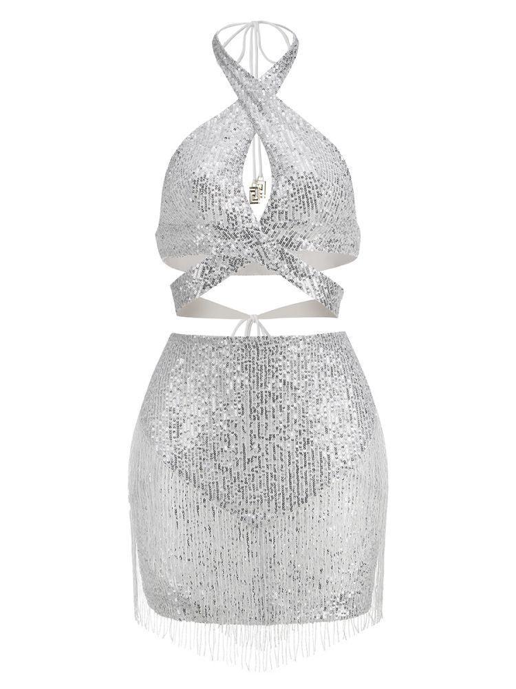Altalune Halterneck Sequin Skirt Set in Silver, showcasing a glamorous look perfect for special events.