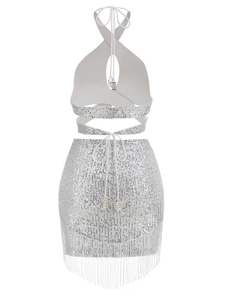 Altalune Halterneck Sequin Skirt Set in Silver, showcasing a glamorous look perfect for special events.