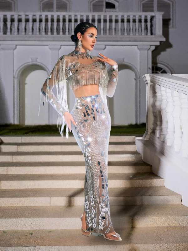 Stylish ensemble of the Alvin Acrylic Fringe Skirt Set paired with trendy accessories for a complete look.