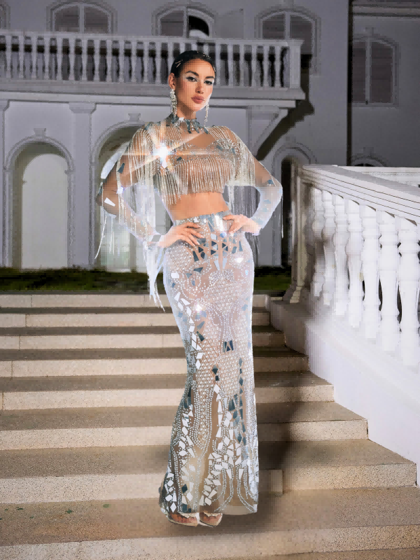 Alvin Acrylic Fringe Skirt Set featuring a nude color and embellished fringe design for a trendy look.