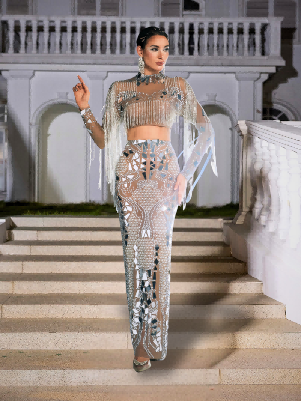 Detail view of the high-quality mesh material used in the Alvin Acrylic Fringe Skirt Set for added flair.