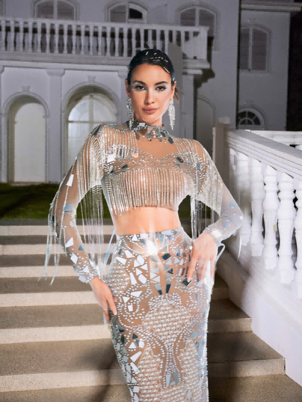 Close-up of the stunning fringe design on the Alvin Acrylic Skirt Set, perfect for a fashion-forward look.