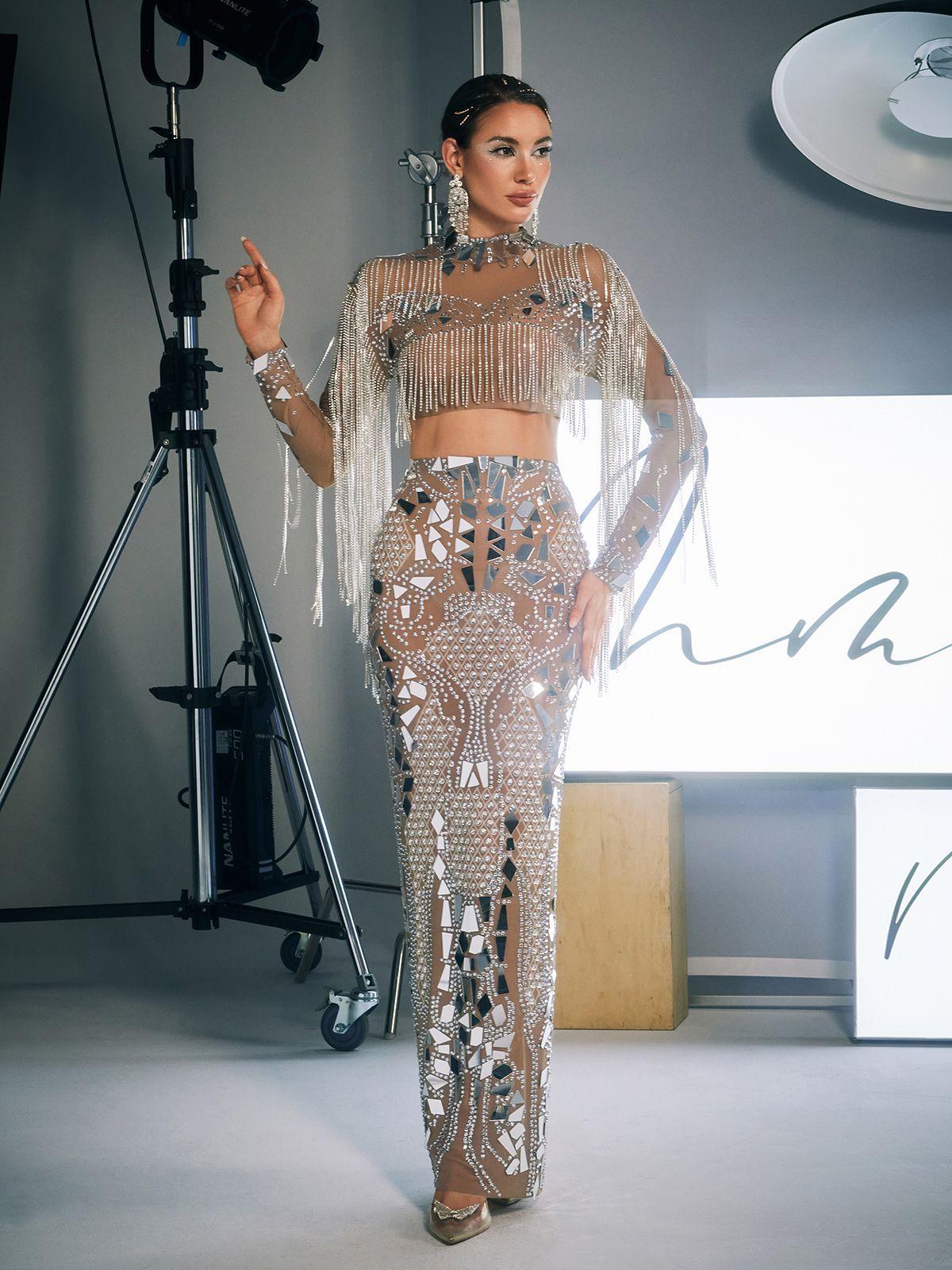 Alvin Acrylic Fringe Skirt Set featuring a nude color and embellished fringe design for a trendy look.
