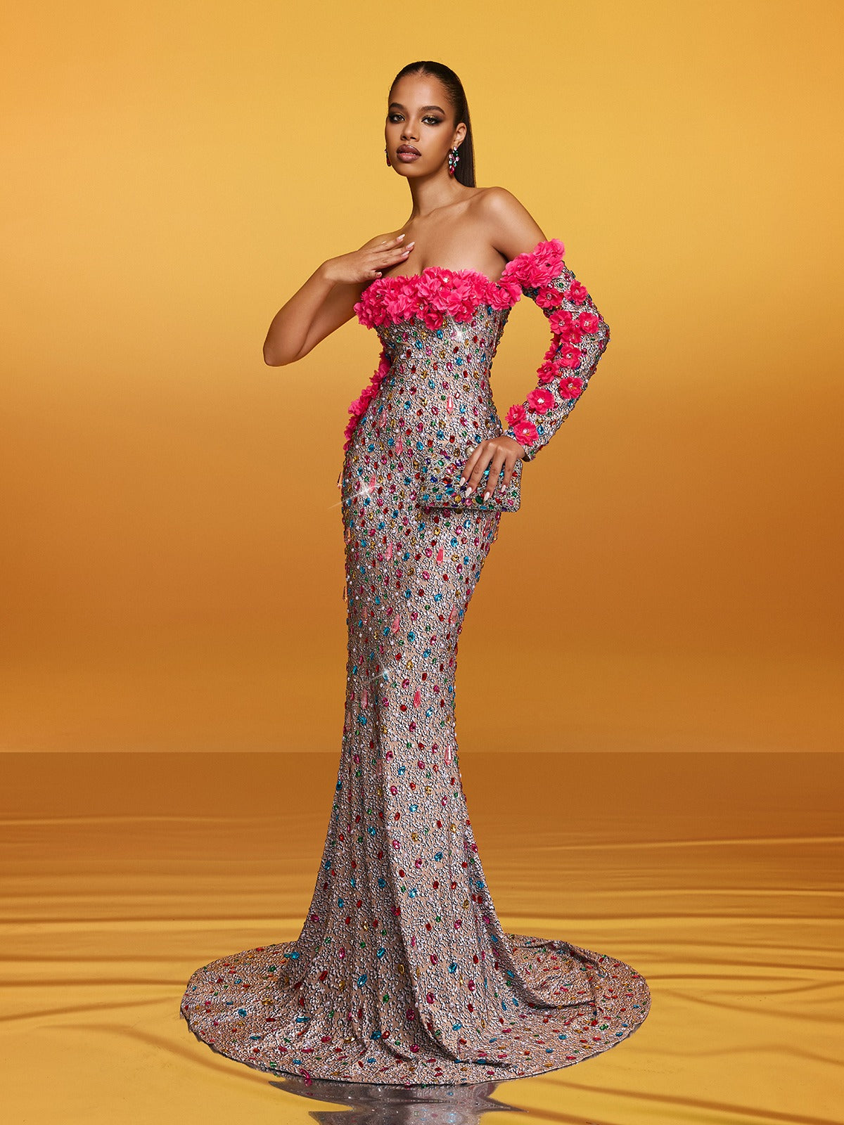 Alythia Off Shoulder Flower Crystal Maxi Dress