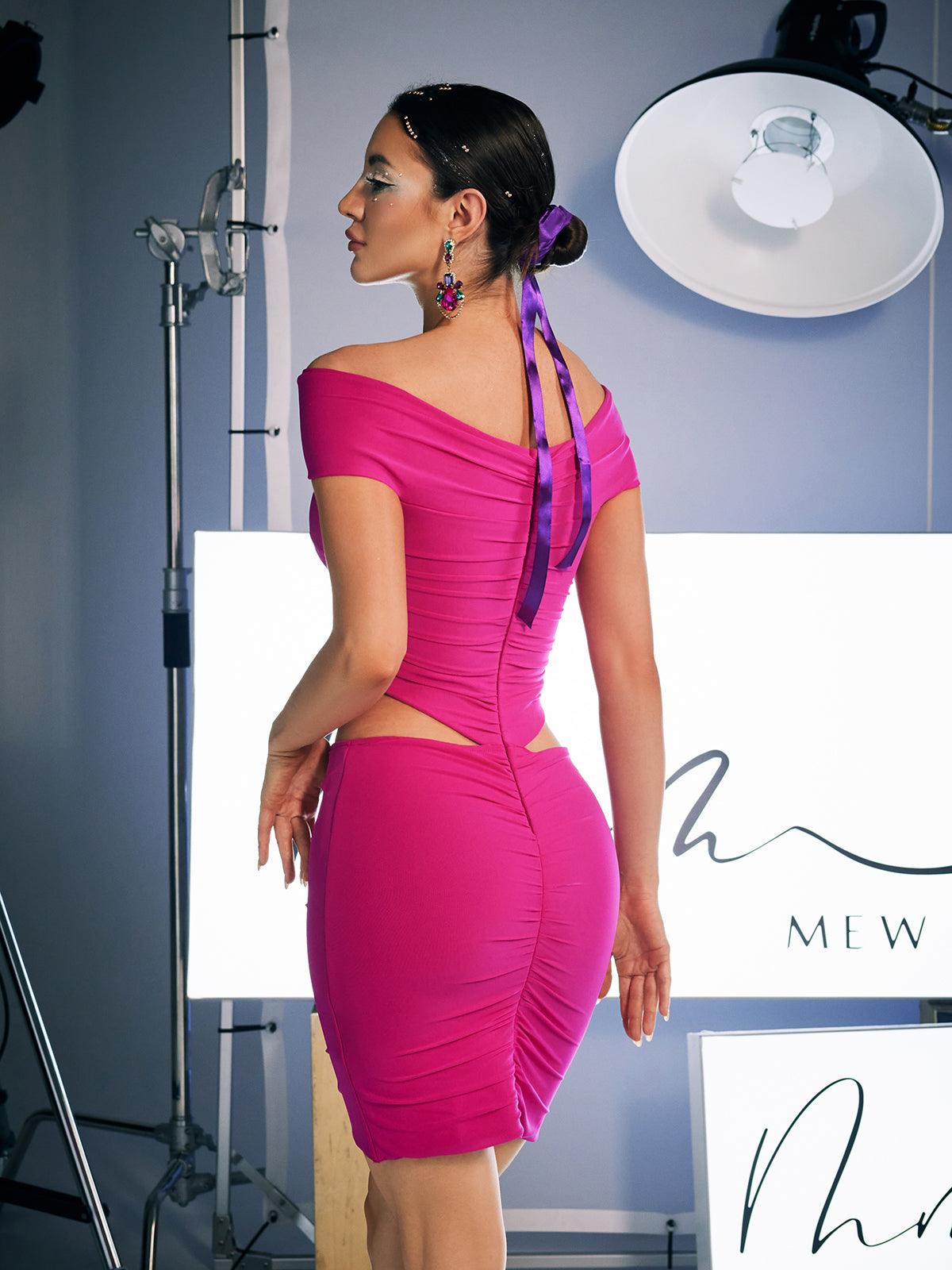 Amadeus Off Shoulder Flower Cutout Mini Dress in pink, perfect for date nights and special occasions.