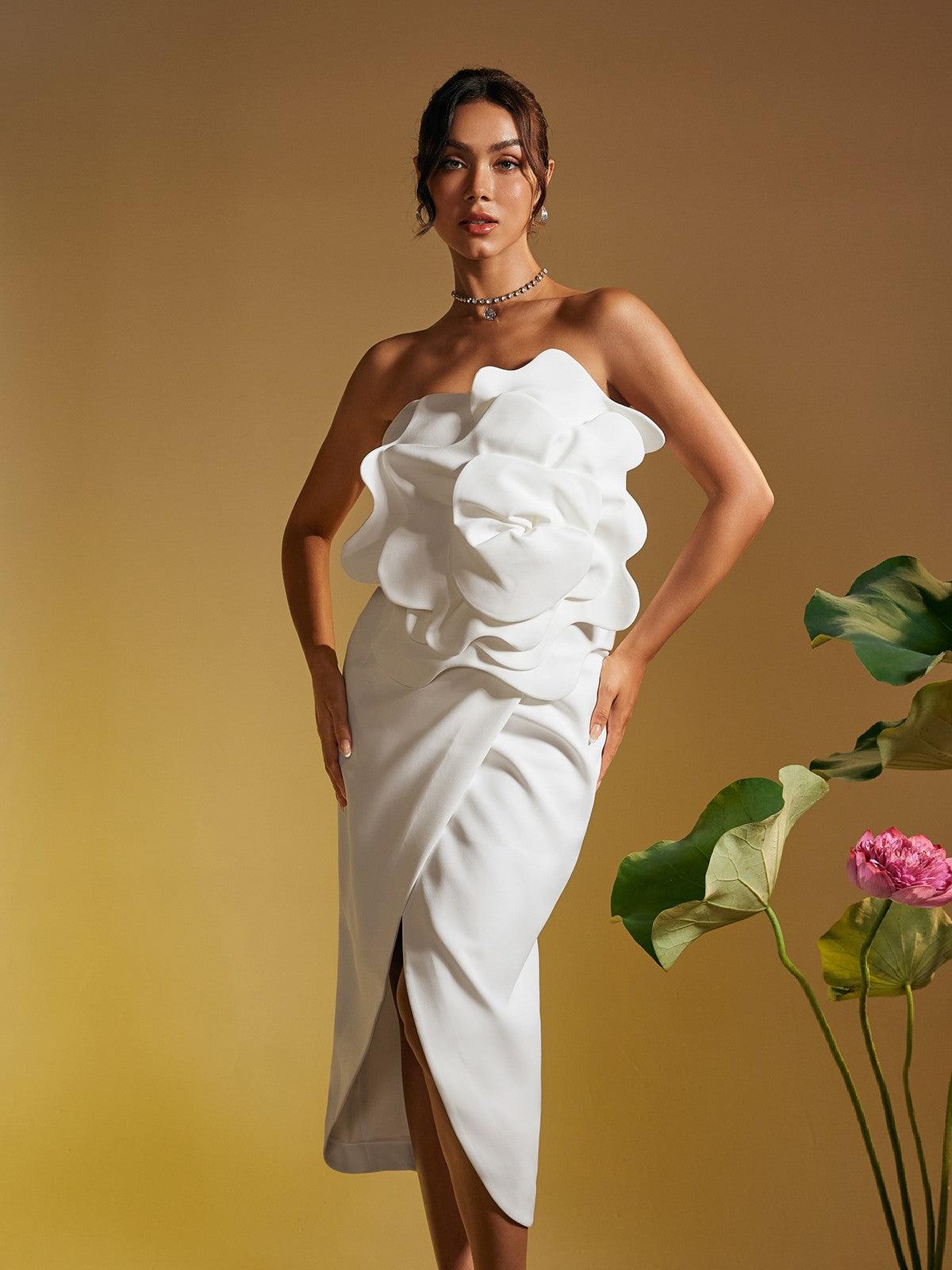 Amadou Strapless Flower Split Midi Dress featuring a beautiful floral design and elegant split detail, ideal for cocktail events.