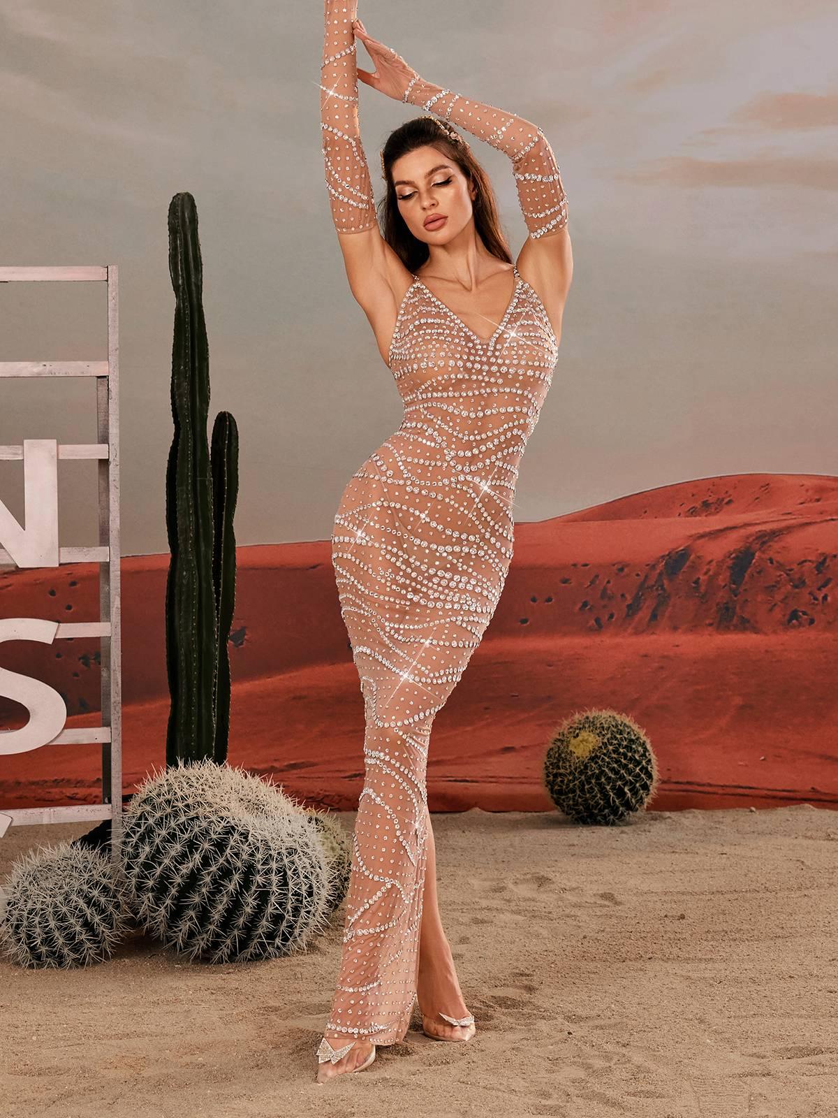 Amahl Spaghetti Rhinestone Mesh Maxi Dress in nude with elegant rhinestone embellishments for a sophisticated look.