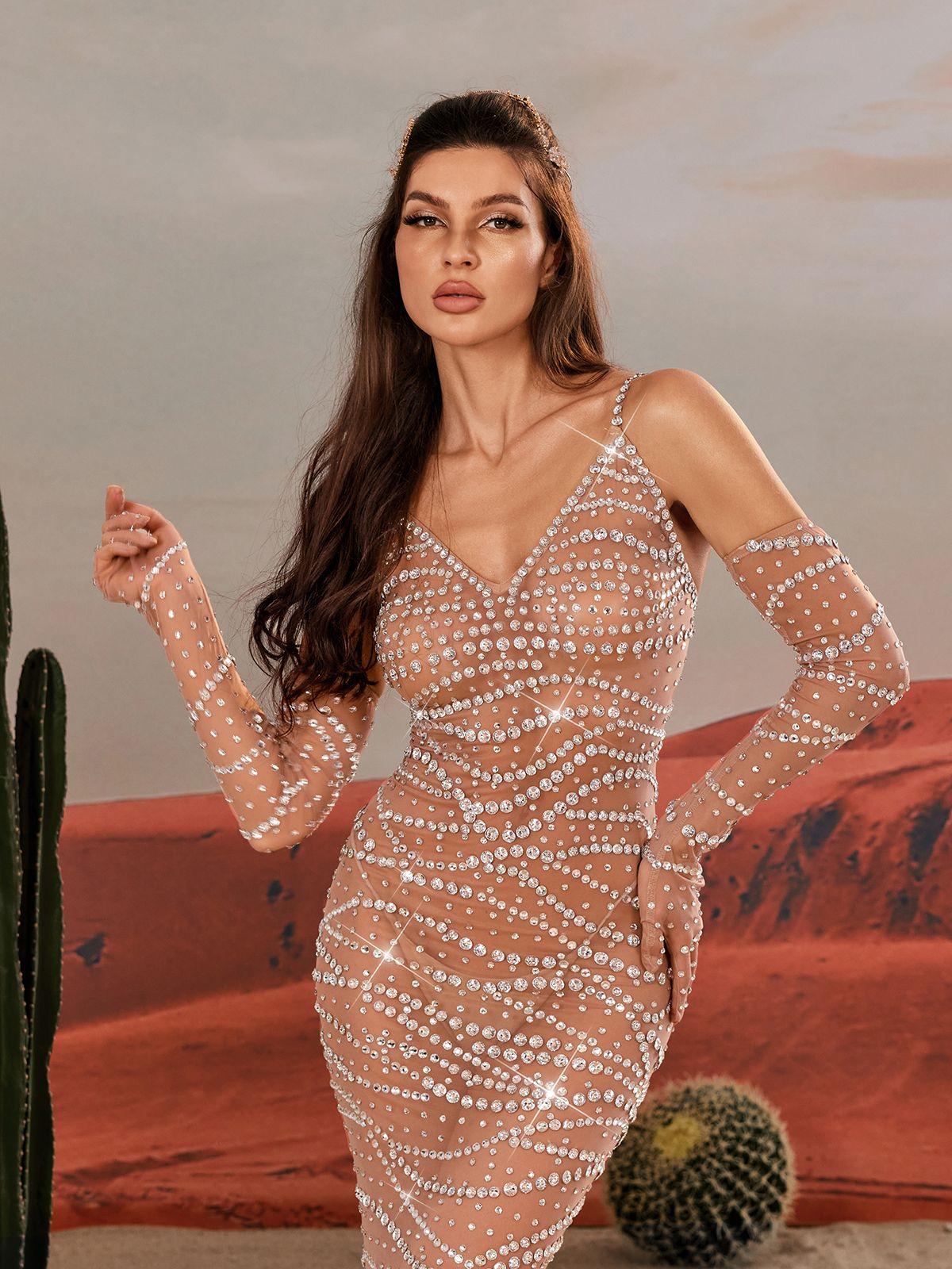 Close-up of the Amahl Spaghetti Rhinestone Mesh Maxi Dress highlighting the intricate rhinestone mesh design and luxurious fabric.