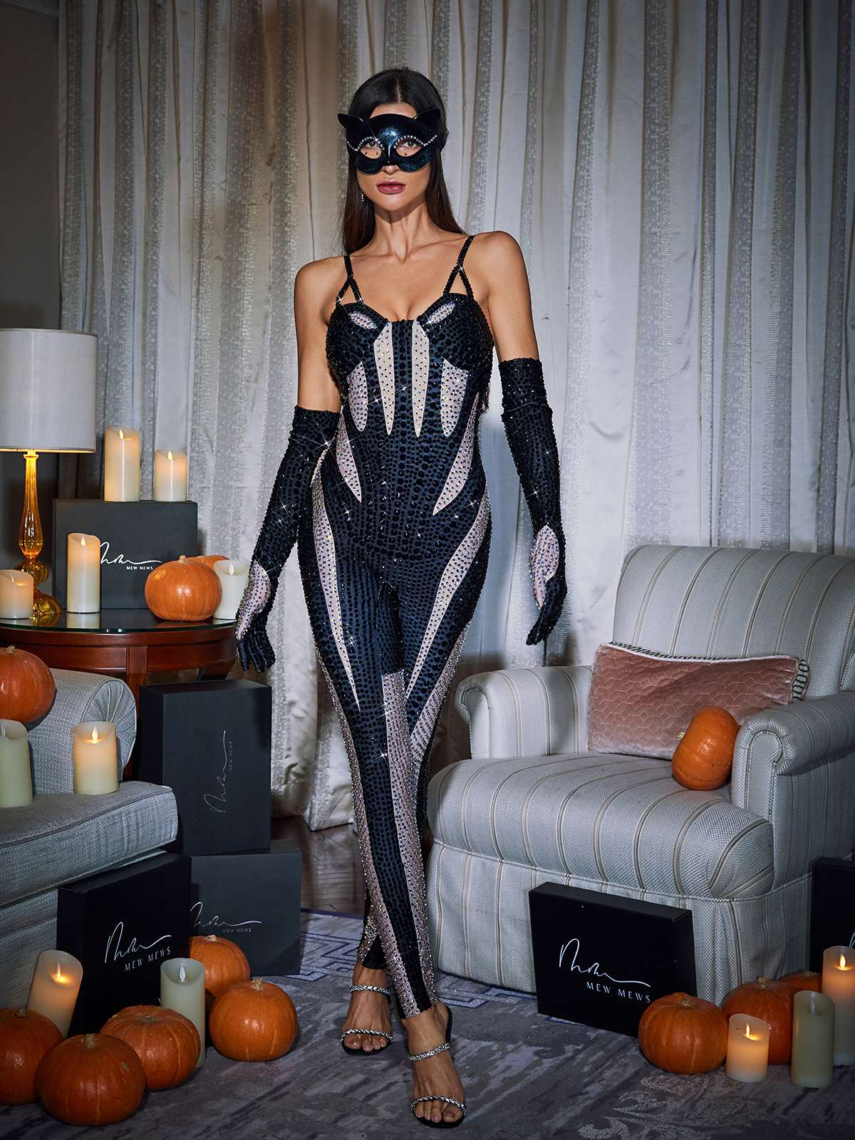 Amalia Diamante Jumpsuit in Black featuring elegant diamante details, perfect for special events and glamorous occasions.