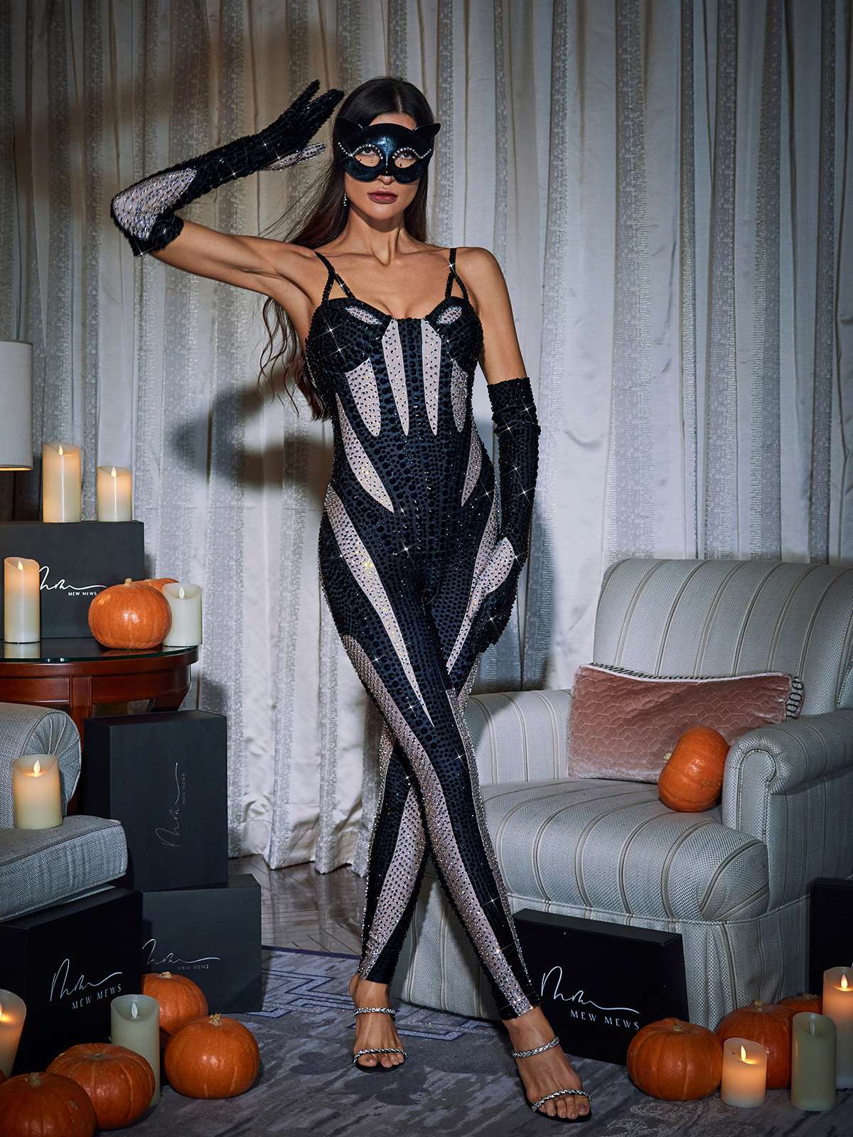 Amalia Diamante Jumpsuit in Black featuring elegant diamante details, perfect for special events and glamorous occasions.