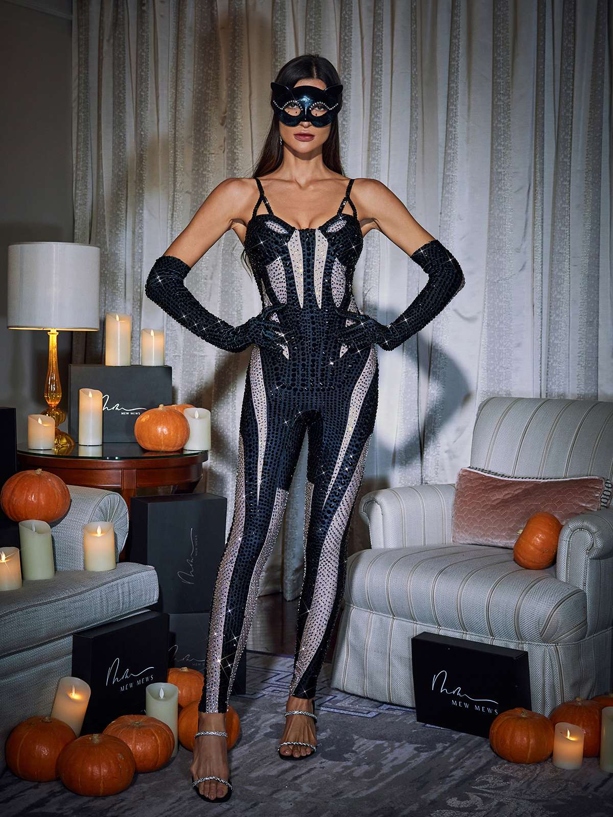 Amalia Diamante Jumpsuit in Black featuring elegant diamante details, perfect for special events and glamorous occasions.