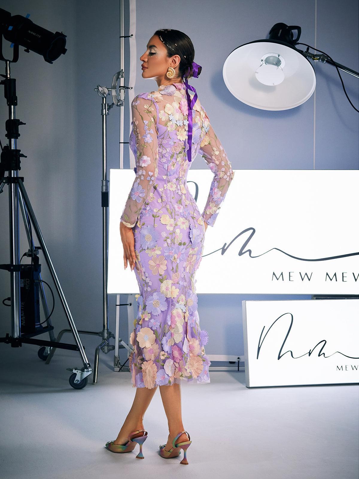 Amara Long Sleeve Embroidered Midi Dress in Purple, perfect for formal events.