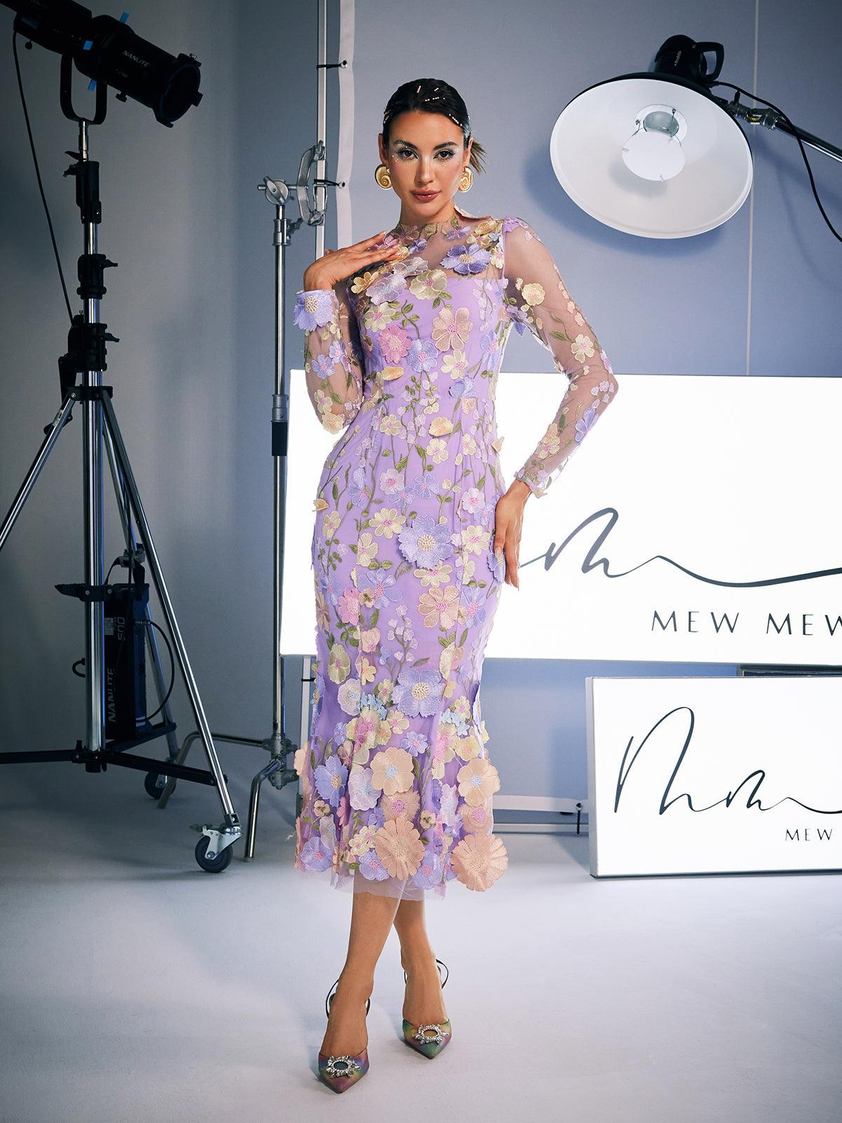 Amara Long Sleeve Embroidered Midi Dress in Purple, perfect for formal events.