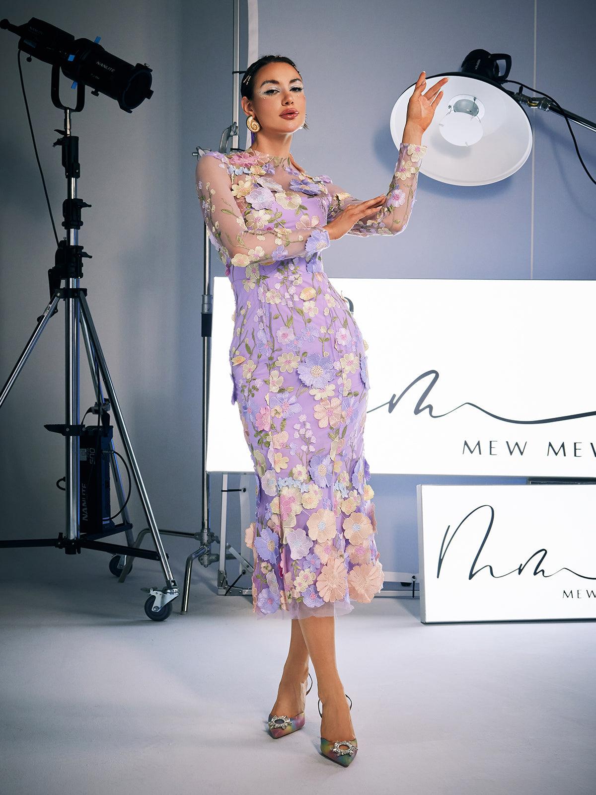 Amara Long Sleeve Embroidered Midi Dress in Purple, perfect for formal events.