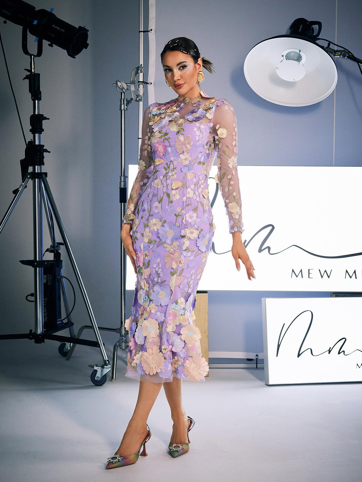 Amara Long Sleeve Embroidered Midi Dress in Purple, perfect for formal events.