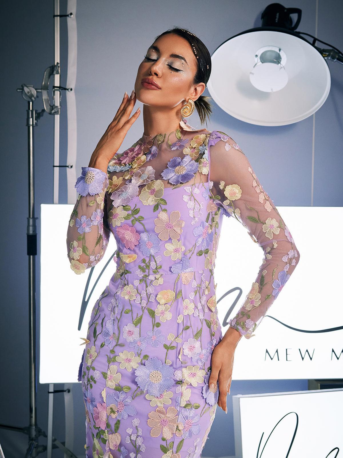 Amara Long Sleeve Embroidered Midi Dress in Purple, perfect for formal events.