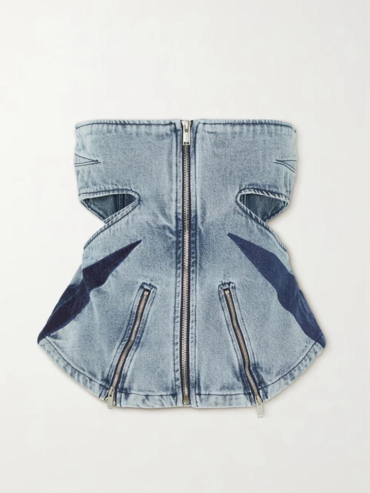 Amarel Strapless Cutout Zip Denim Top featuring a stylish cutout neckline and zip details for a contemporary look.
