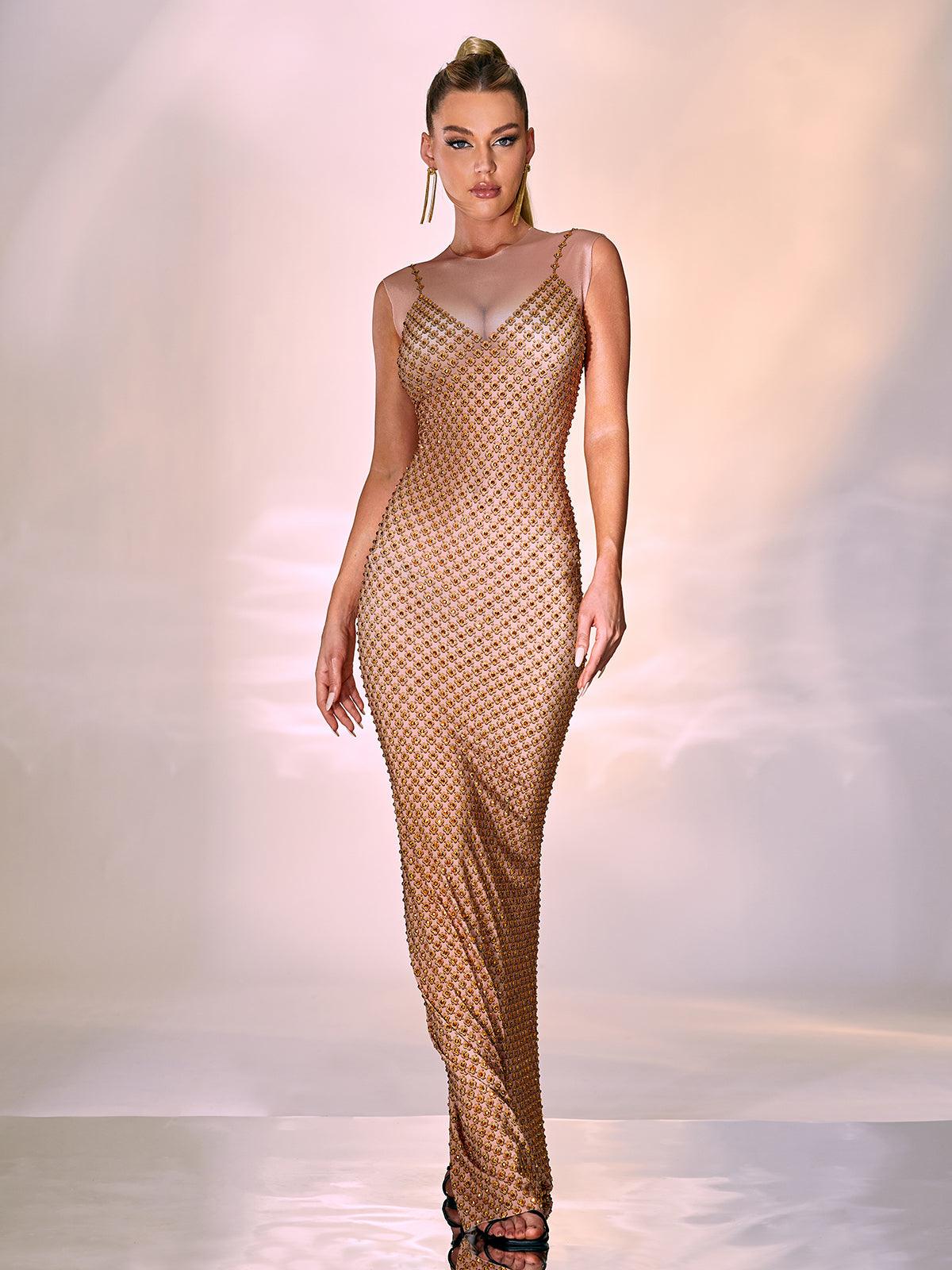 Aminah Crystal Printed Mesh Maxi Dress featuring a stunning crystal print and elegant maxi silhouette, perfect for any special occasion.