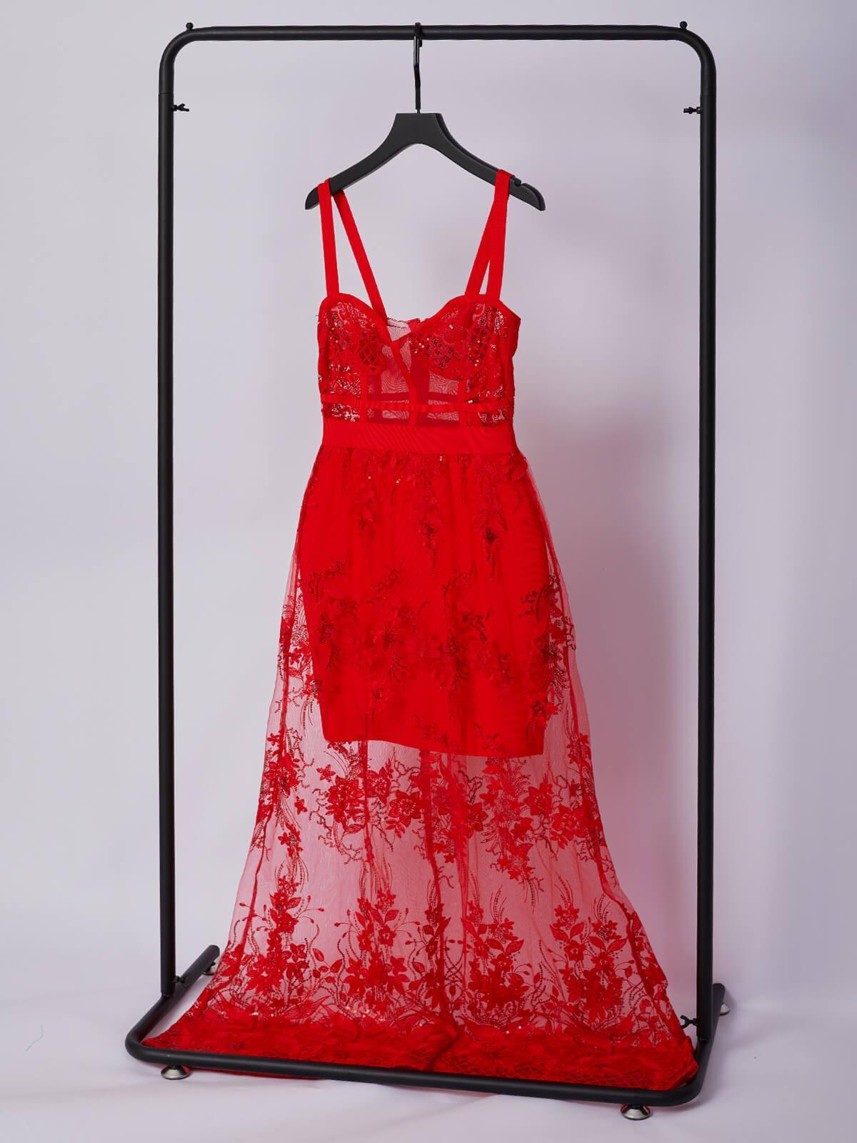 Elegant Amirah Maxi Dress in vibrant red, featuring spaghetti straps and a flattering bandage design.