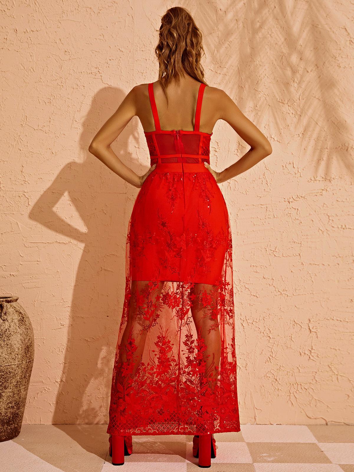 Flat lay of the Amirah Maxi Dress in red, styled with accessories for a complete cocktail look.