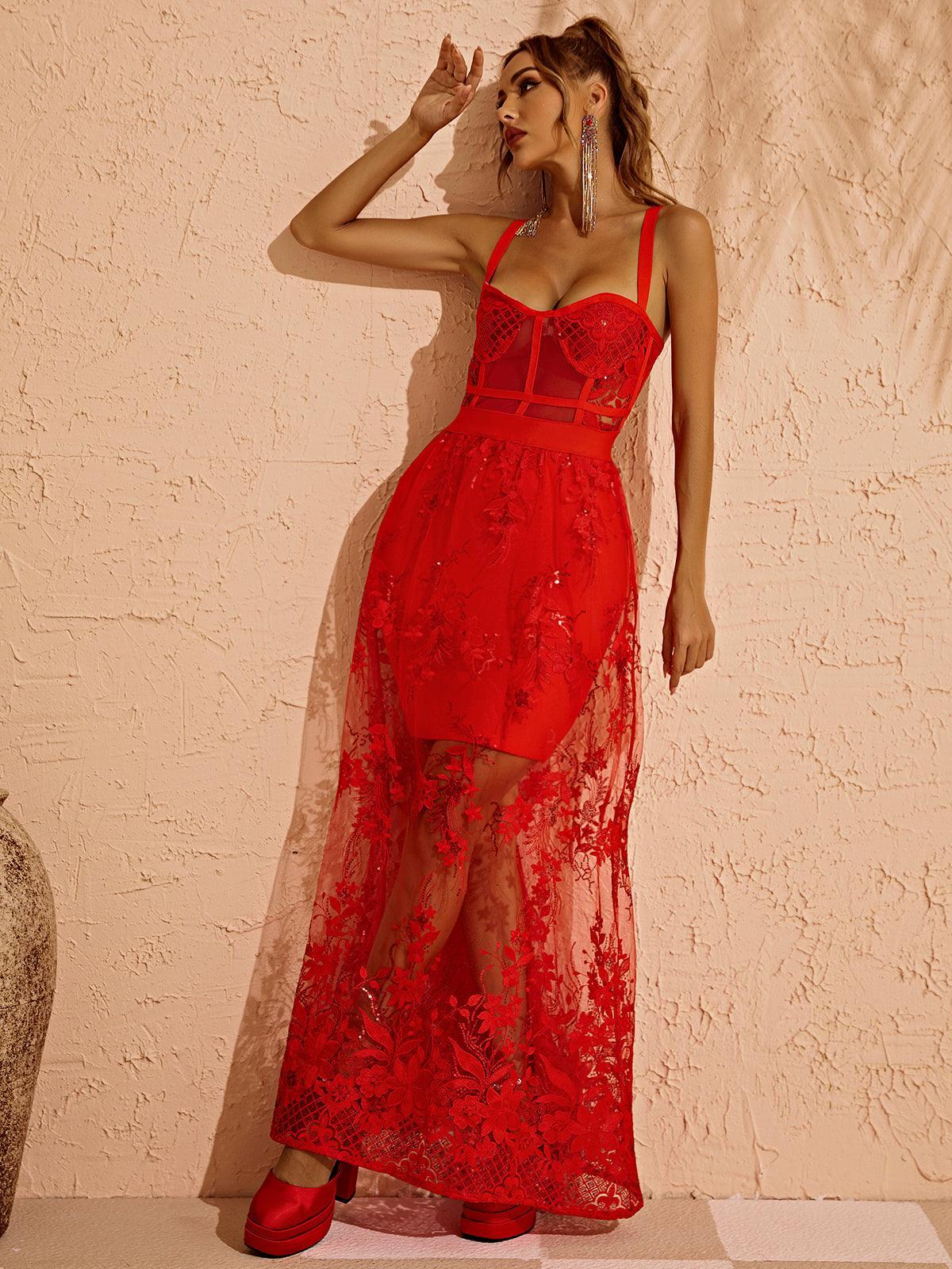 Model wearing the Amirah Maxi Dress in red at a cocktail party, radiating elegance and style.