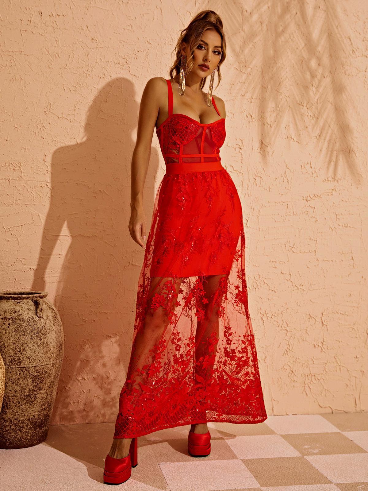 Elegant Amirah Maxi Dress in vibrant red, featuring spaghetti straps and a flattering bandage design.
