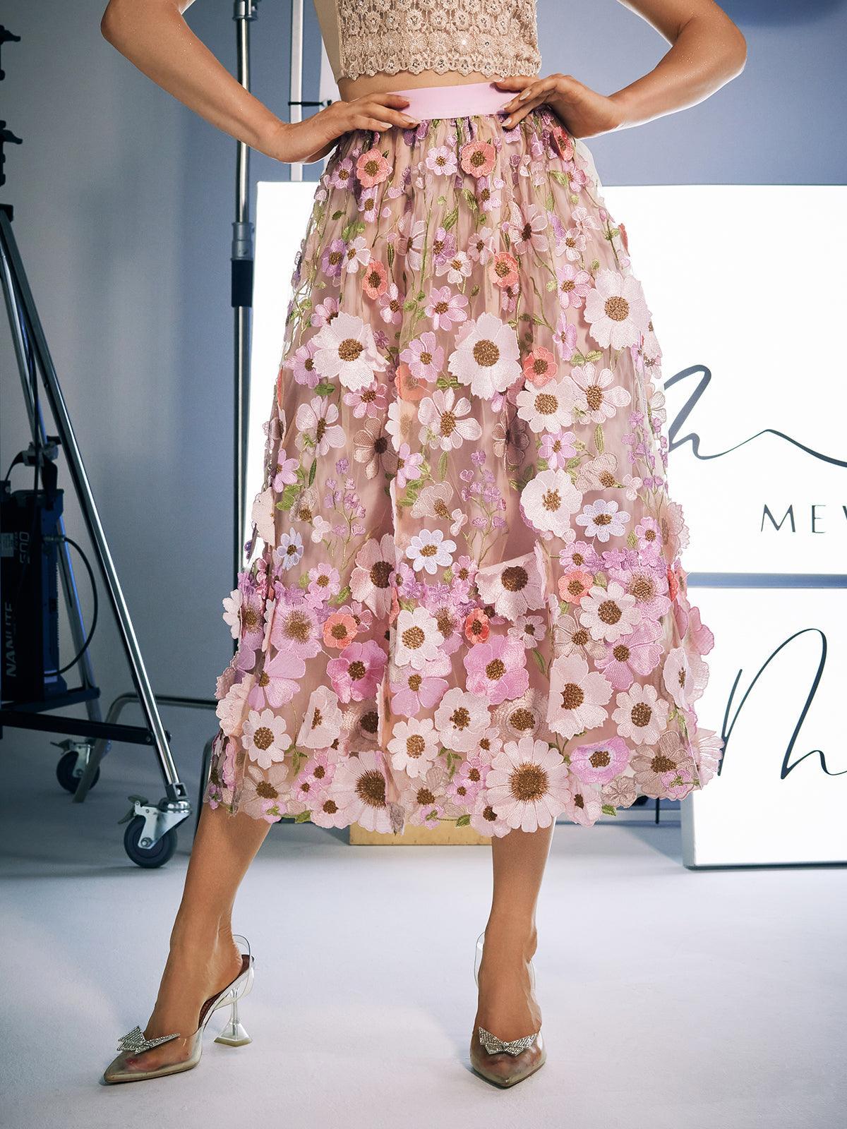 Amory Flower Embroidered Skirt in Pink featuring delicate floral designs, perfect for stylish outings and office wear.