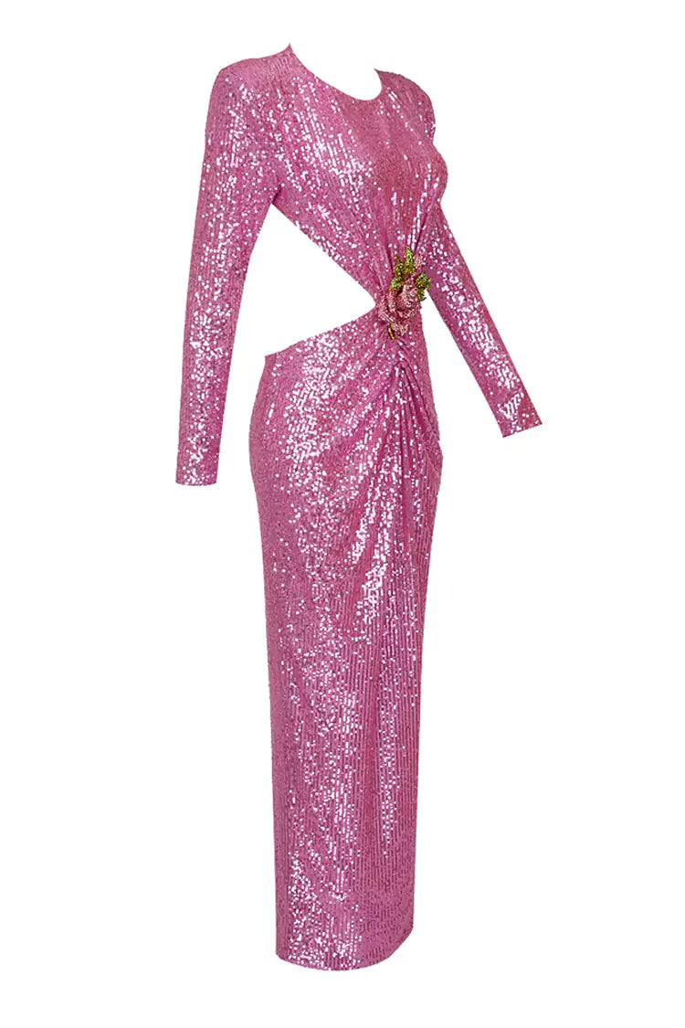 Lesya Round Neck Flower Waist Button Sequin Dress-Pink