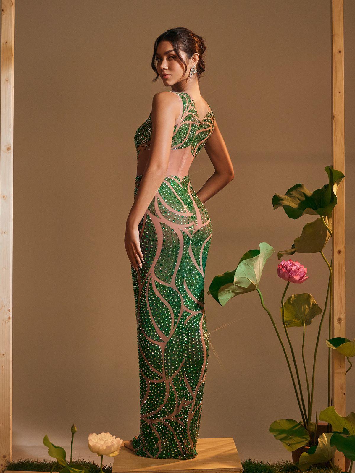 Anabia Round Neck Maxi Dress featuring a vibrant green print and elegant rhinestones, ideal for special occasions.