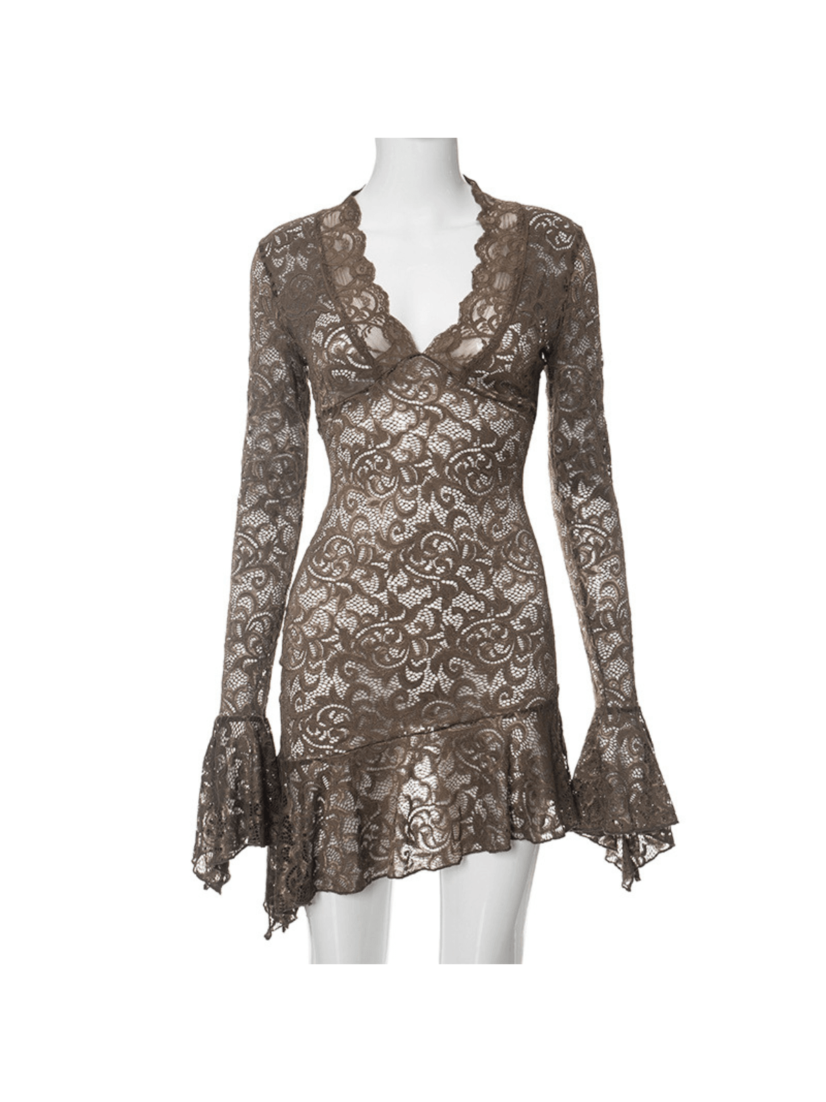 Angharad V Neck Lace Mini Dress in Black featuring elegant lace detailing and comfortable fit.