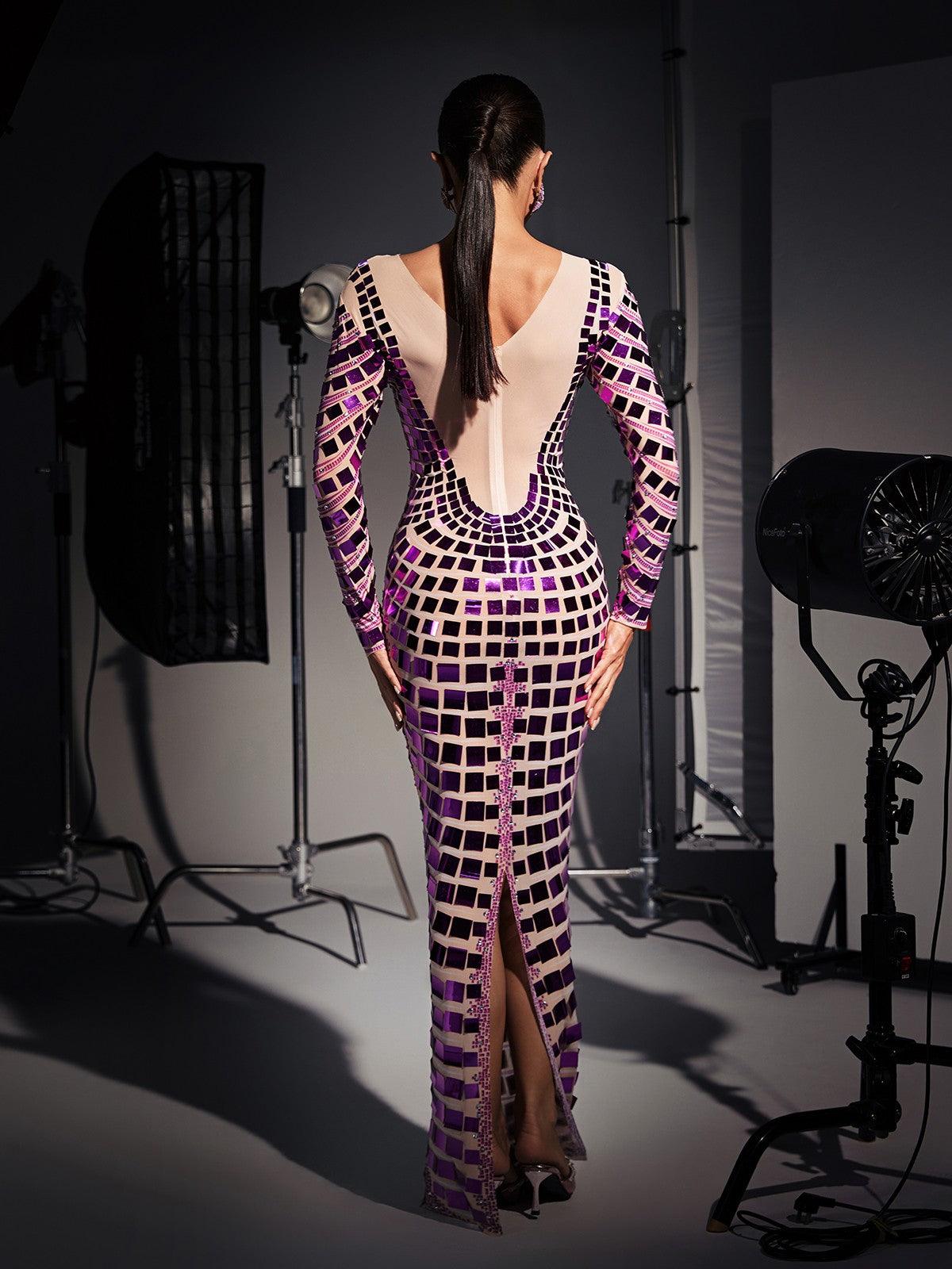 Angie Long Sleeve Curve Embellished Maxi Dress in elegant purple, featuring a sophisticated design and embellishments.